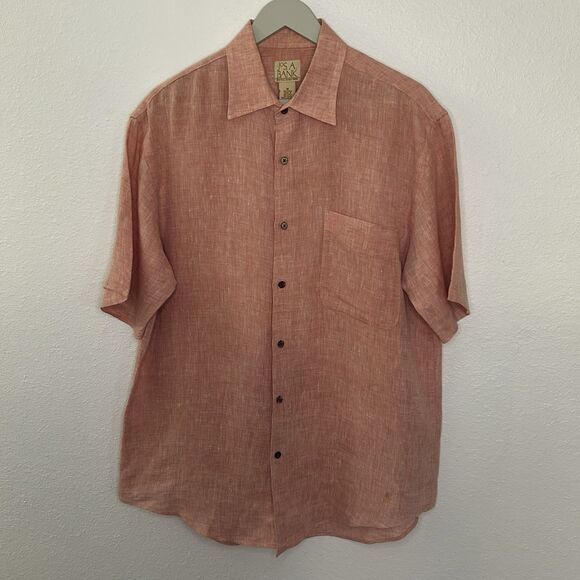 Jos. A. Bank Men's Linen Short Sleeve Peach Orange Wooden Buttons Size M - Picture 1 of 11